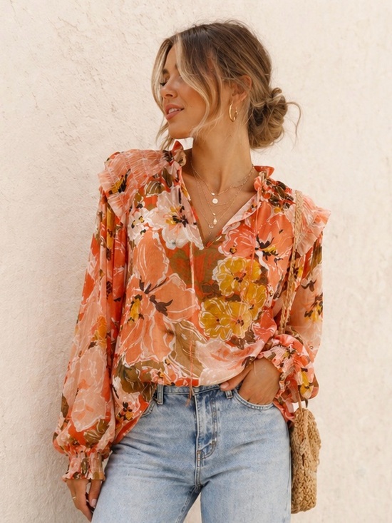 MINKPINK Tops - MINKPINK Dex Floral Blouse XS Coral Sheer Boho Long Sleeve Feminine